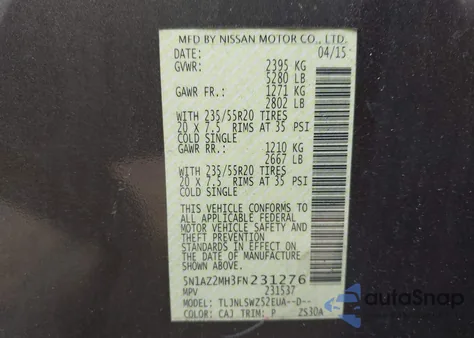 2015 Nissan Murano S/Sl/Sv/Platinum из США, поврежденный, VIN 5N1AZ2MH3FN231276